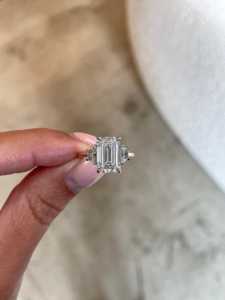 Three <b>Stone</b> Engagement Ring 14k Solid Gold Prong Set Emerald Cut Lab Grown Diamond Side Trapezoids IGI Certified VS+ Rings - Product Image 4