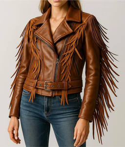 <b>western</b> Women's Brown Genuine Leather Motorcycle <b>Jacket</b> With Fringe <b>Western</b> Style Full Sleeve Zipper Closure Autumn Wear - Product Image 1