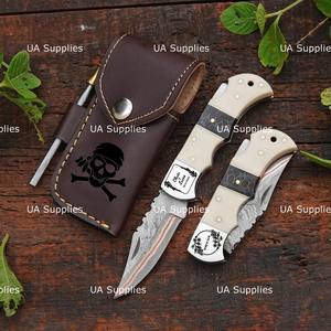Couteau pliant haut de gamme fait main en acier Damas cuivré, avec verrouillage arrière, manche en bois de corne de cerf, pointe tombante, qualité industrielle - Fournitures UA - Product Image 3