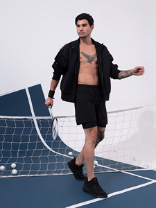 Kvetoo Black Woven Solid 2-<b>Layer</b> 140g Polyester Breathable Quick Dry <b>Mid</b> Waist String Elastic Running Shorts Men-Fitness Sports - Product Image 2