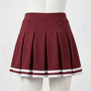 Mini-jupe plissée pour femme, couleur unie, taille élastique, bordure rouge et blanche, à porter toute l'année - Product Image 2