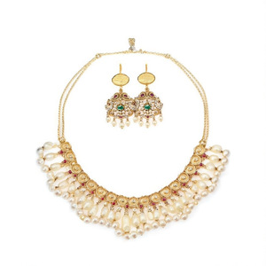 24K Gold Plated Pearl <b>Necklace</b> <b>and</b> <b>Earring</b> <b>Set</b> with Matte Pendant-Trendy <b>Bridal</b> Jewelry - Product Image 2