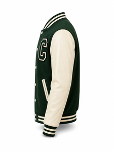 Veste universitaire unisexe verte personnalisée avec logo, broderie frontale lettre C, col rabattu, simple boutonnage, en tissu de laine - Product Image 4