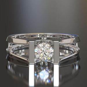 Anillo de Compromiso de Moissanita con Corte Redondo y Banda Solitaria, Color Platino, Joyería de Boda para Mujer - Product Image 1
