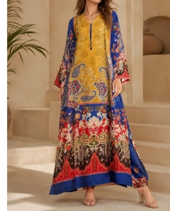 Robe Kaftan Indienne et Pakistanaise pour Femme, Longue, Ample, Imprimée Florale Noire, Brodée, Couleur Crème - Product Image 4