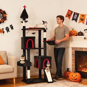 Albero per gatti gotico da 78 pollici con 2 ampie casette, letto a forma di bara, pali di sisal e palline a forma di pipistrello per Halloween - Product Image 2