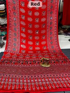 Real Mirror Work <b>Saree</b> Ajarkh Print Soft <b>Satin</b> Silk Fabric Beautiful Tussle Eco Friendly Quick Dry Woven Running Blouse Women - Product Image 6