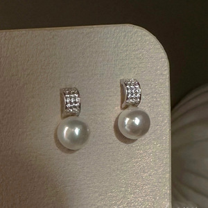 8-10mm Freshwater <b>Pearl</b> <b>Dangle</b> <b>Earrings</b> Exquisite and Unique S925 Pure Silver Zircon Strong Round Light Simple and Elegant - Product Image 1