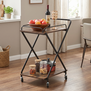 Modern Wooden Kitchen Cart with 2 Shelves Portable Metal Frame Rolling Storage Trolley - Product Image 2