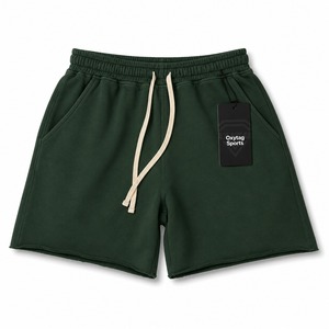 Pantalones Cortos de Felpa de Algodón Grueso Personalizados para Hombre, Verano, Casual, Gimnasio, Entrenamiento, Venta al por Mayor, Lisos, Verde Bosque, con Cordón Ajustable - Product Image 1