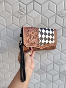 Hand Tooled Carving Leather Clutch Black White Checkered Pattern <b>Wristlet</b> Wallet Multi Uses Western Leather For Women Multi Uses - Product Image 2