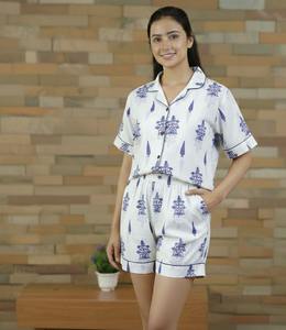 Ensemble de pyjama pour femmes en coton 100% tissé thermique avec imprimé floral dessiné à la main, vêtements de maison, vêtements de nuit, shorts - Product Image 1