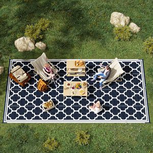 Tapis d'extérieur réversible 9x18 pour camping-car, bleu et blanc, en paille plastique, pour patio, terrasse, pique-nique, plage, camping - Product Image 2