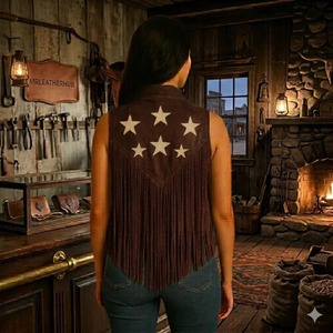 Boho Suede Fringe Leather <b>Jacket</b> Men Beaded <b>Star</b> Western Waistcoat Vintage Inspired Streetwear Fur Festival Concert Outfit - Product Image 3