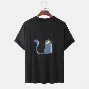 เสื้อยืดคอกลมแขนสั้นสีเขียวสำหรับผู้ชายพิมพ์ลายการ์ตูนแมวทรงปกติเสื้อยืดถักลำลอง - Product Image 6