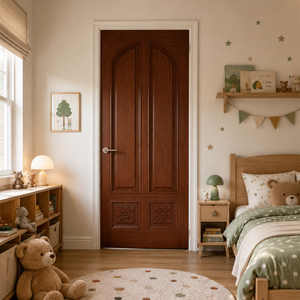 Puerta Interior Tradicional de Madera Maciza con Paneles Tallados y Diseño Arqueado para Habitación Infantil - Product Image 1