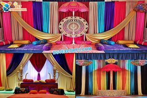 Toile de fond colorée à thème Punjabi pour la scène de la fonction Haldi Mehndi Wedding Bangle Stage avec des statues complexes - Product Image 4