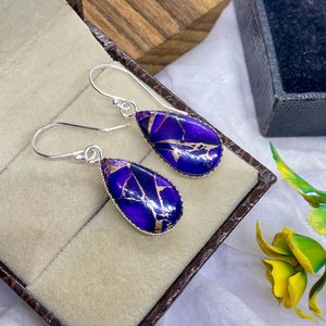 Boucles d'oreilles pendantes en cuivre violet et turquoise, en argent sterling 925, bijoux minimalistes avec pierres précieuses, cadeau - Product Image 6