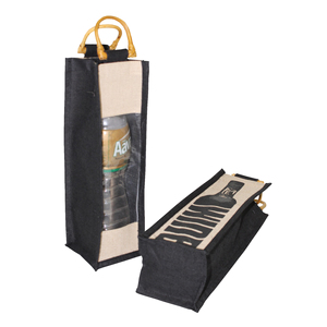 Sac à vin en jute et coton imperméable avec poignée en canne, fenêtre frontale en PP laminé, sac à vin pour une bouteille en Juco - Product Image 2