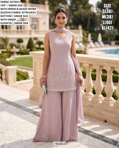 Kurta / Kurti en soie Simar lilas élégant, broderie perlée, traditionnel, séchage rapide, longueur ras du sol, pour femmes, Inde, Pakistan, mariage - Product Image 1
