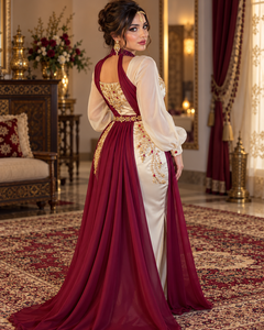 Vestido de Novia Mishkat Couture Color Marfil y Marrón, Bordado a Mano, Poliéster Chifón, Sin Mangas, Largo MAXI, Transpirable, Talla Grande - Product Image 1