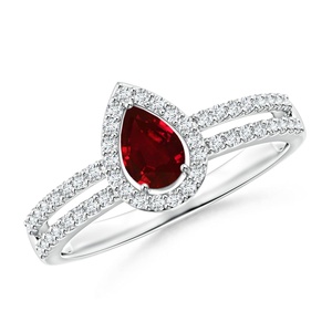 14K Solid Gold Pear Cut Ruby Gemstone and Diamond Halo <b>Split</b> Shank Engagement <b>Ring</b> Pave Accent Natural Diamond Solitaire <b>Ring</b> - Product Image 1