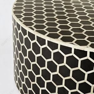 Mesa de Centro Redonda con Incrustaciones de Hueso, Patrón Geométrico de Panal Negro, Mesa de Centro de Madera Hecha a Mano, Muebles de Lujo para Sala de Estar - Product Image 3
