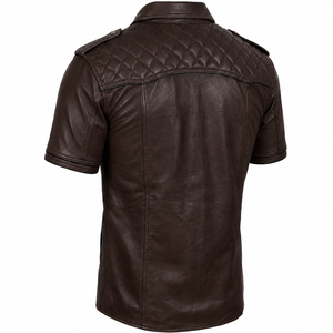 <b>Mens</b> Vintage <b>Brown</b> Leather <b>Shirt</b> Short Sleeve Genuine Cowhide Button Casual Biker Quilted Shoulders Double Flap Anti-UV - Product Image 2