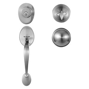 Set Maniglia Interna e Serratura per Porta d'Ingresso in Nichel Satinato, Stile Europeo, Interasse Regolabile, Cilindro Singolo con Chiavistello - Product Image 1