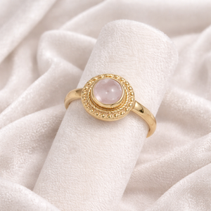 Electroplated Brass <b>Ring</b> Rose <b>Quartz</b> Round Cabochon Fixed Size Elegant Halo Statement <b>Ring</b> Handmade Women Jewelry Bezel Setting - Product Image 6