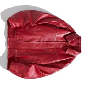 Chaqueta de Cuero PU Roja para Hombre, Estilo Casual, Cuello Camisero, Botón Único, Corte Regular, Color Sólido, para Otoño - Product Image 6