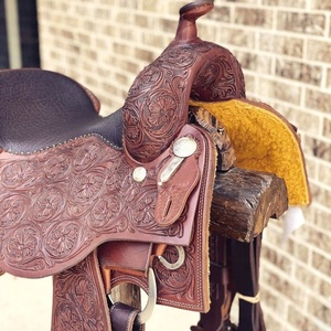 Selle de cheval western en cuir véritable marron de haute qualité, neuve, avec décorations en cuivre, design personnalisé, selle western portable, logo personnalisé - Product Image 3