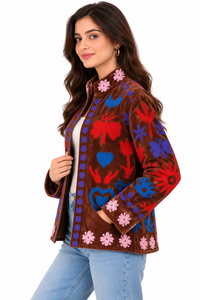 Custom Hand Embroidered Eco-Friendly Quick Dry <b>Velvet</b> Bomber Jacket <b>Women</b> Floral Suzani Stand Collar Boutique <b>Coat</b> - Product Image 2