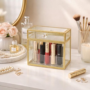 Lavish Glass And Metal Gold Edge Lipstick <b>Box</b> Organizer For Vanity Storage And Luxury Makeup Display Handcrafted From India - Product Image 4