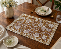 Ensemble de sets de table vintage marron à motifs floraux, imprimés à la main, 100% coton, qualité export, lavables, chef-d'œuvre artisanal