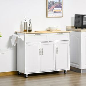 Carrello da Cucina Portatile Bianco con Piano in Legno Resistente e 2 Cassetti - Product Image 2