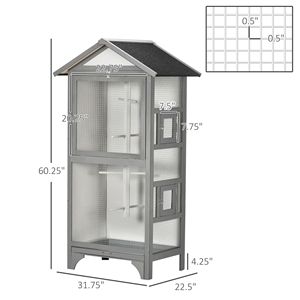 Gabbia per Uccelli da Esterno XL in Legno Grigio Chiaro con 4 Posatoi e Vassoio Rimovibile per Facile Pulizia, Gabbia per Animali di Taglia Media - Product Image 3