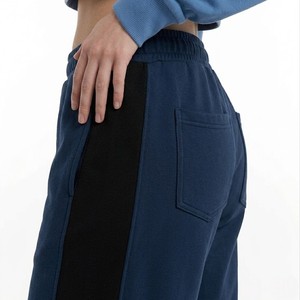 Women Navy Blue Wide Leg <b>Pants</b> High Waist Elastic Drawstring Loose Fit Casual Lounge Trousers Side Stripe Knitted Spandex Cotton - Product Image 4