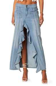 New Style High Quality Women's Denim Skirt Breathable High-Waist Ruffled Slit Dramatic Front Bold Streetwear Spring Summer - Product Image 6