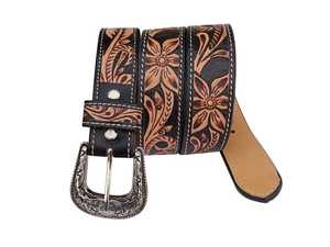 Premium Western Genuine Leather <b>Belt</b> Floral Pattern <b>Silver</b> Alloy Pin <b>Buckle</b> Durable Casual Style Hand Tooled Leather <b>Belt</b> - Product Image 3