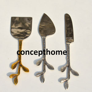 Couteau à fromage en acier inoxydable avec manche en laiton motif feuille, spatule à pizza, couteau à beurre - Product Image 2