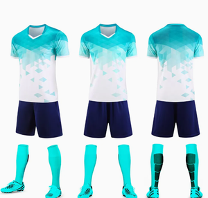 Conjunto de camiseta de fútbol sublimada con cuello en V para hombre, con estampado geométrico degradado, uniformes de manga corta que absorben la humedad para adultos - Product Image 1