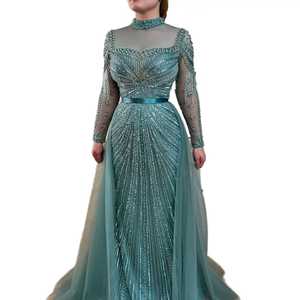 Robe de bal romantique en satin à manches longues, col montant, ornée de sequins et de perles, taille naturelle, motif brodé de cristaux, bretelles spaghetti drapées - Product Image 4