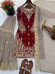 Conjunto de Sharara y Dupatta de Georgette Foux de alta calidad con bordado de lentejuelas de 3 mm, estilo vintage para fiesta, largo hasta la rodilla, de secado rápido - Product Image 4