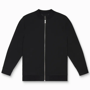 Blouson bomber noir pour homme, col montant, fermeture éclair, coupe décontractée, vêtement d'automne, matière en polyester tricoté polaire - Product Image 1