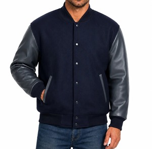 Chaqueta Varsity para Hombre ACTIVE SAFETY, Azul Marino, Poliéster/Algodón, Cuello Alto, Manga de Cuero PU Negro, Botones Cubiertos, Impermeable - Product Image 1