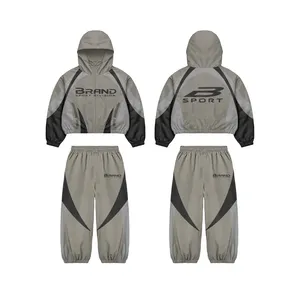 Grey Beige Windbreaker Tracksuit Set | Oversized <b>Zip</b> Hooded Jacket & Pants | Streetwear Set | OEM Private Label Manufacturer - Product Image 1