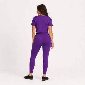 Women's Purple 2-Piece Activewear Set Short Sleeve Crew Neck <b>Crop</b> <b>Top</b> Full-Length Leggings Skinny Fit Breathable Spandex Solid - Product Image 2