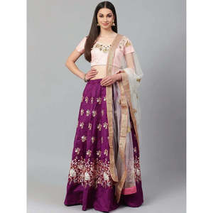 Women's Semi-Stitched Lehenga Set in Purple & <b>Peach</b> with Unstitched Choli - Product Image 1
