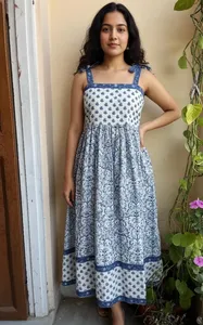 Vintage White Blue Floral Block Print Cotton Dress <b>Square</b> Collar Tassel Decoration Embroidered <b>Adjustable</b> Straps-Maxi Pocket - Product Image 4